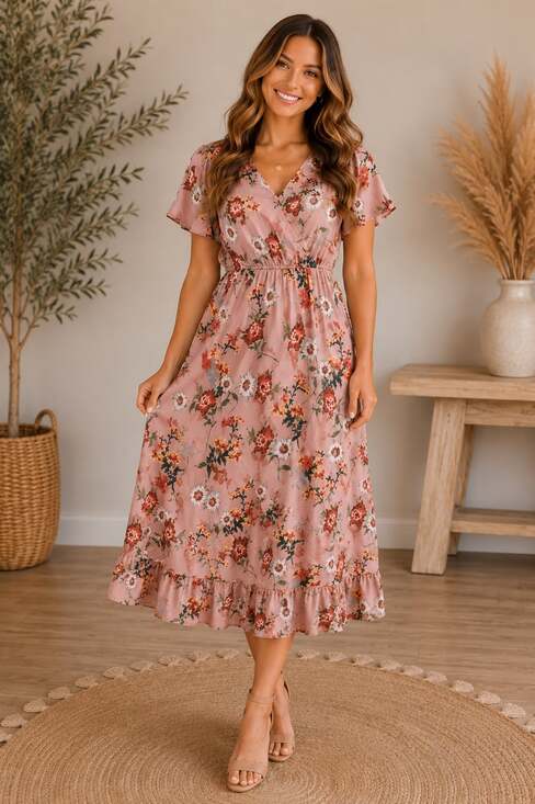 Polagram Dresses & Skirts - Polagram Mauve Floral Faux Wrap Midi Dress Small Flutter Sleeve Boho Cottagecore